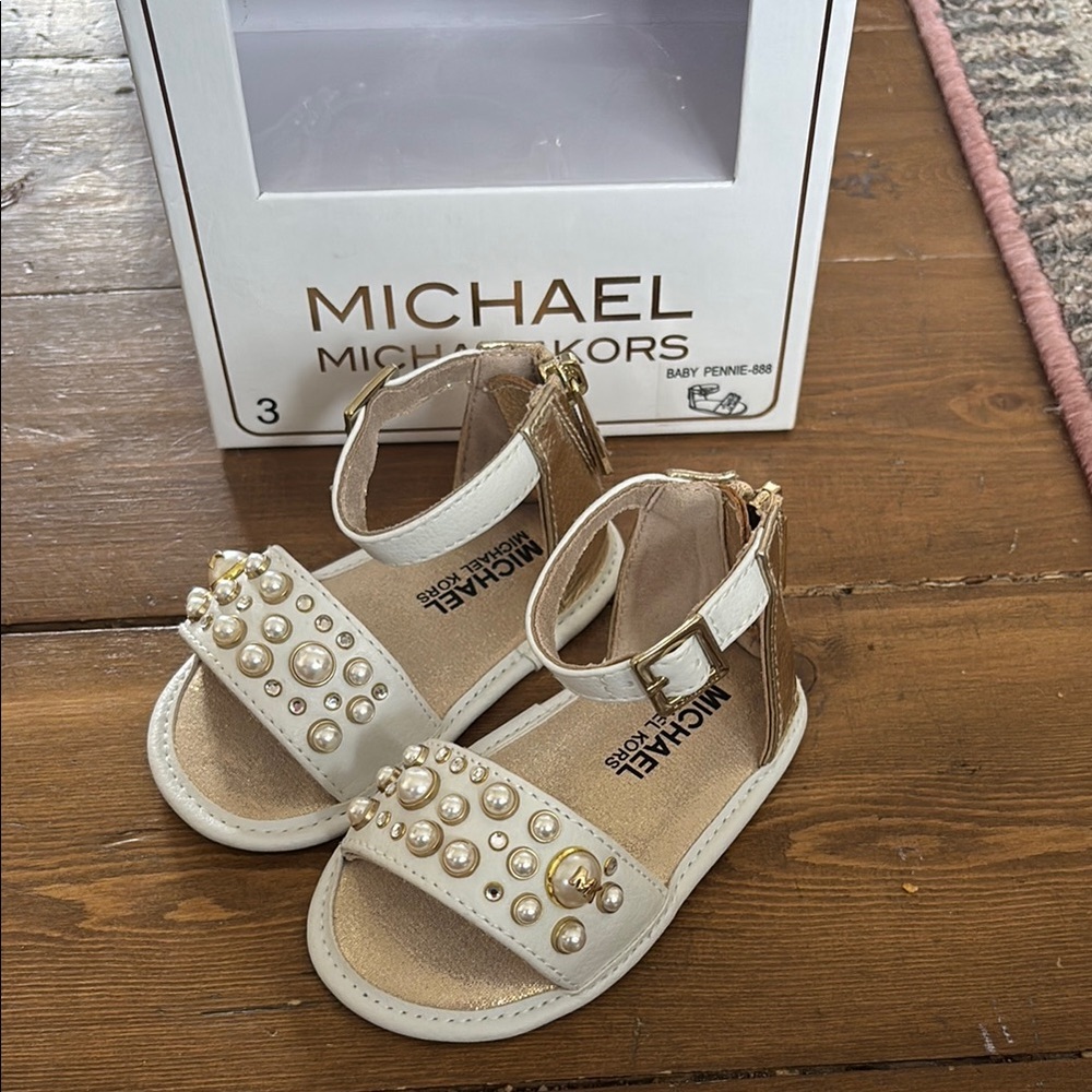 Michael Kors Baby White and Gold Sandals with Pearl Embellishments
